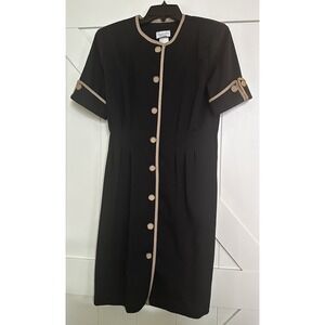 Vintage Stuart Alan Women's 10 Petite Sheath Button Dress Black Shoulder Pads EC